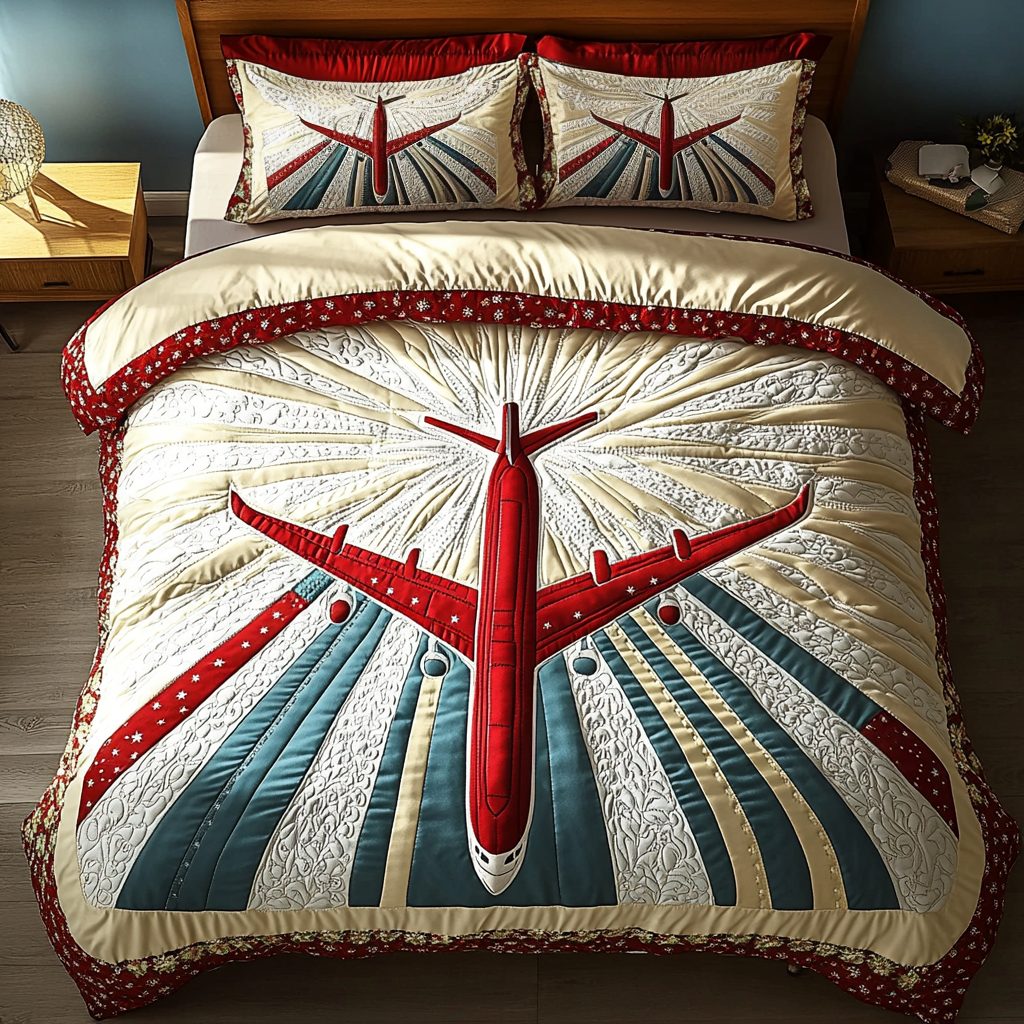 Adventure Airplane quilted 3-piece bedding set on a made bed in a winter-styled bedroom