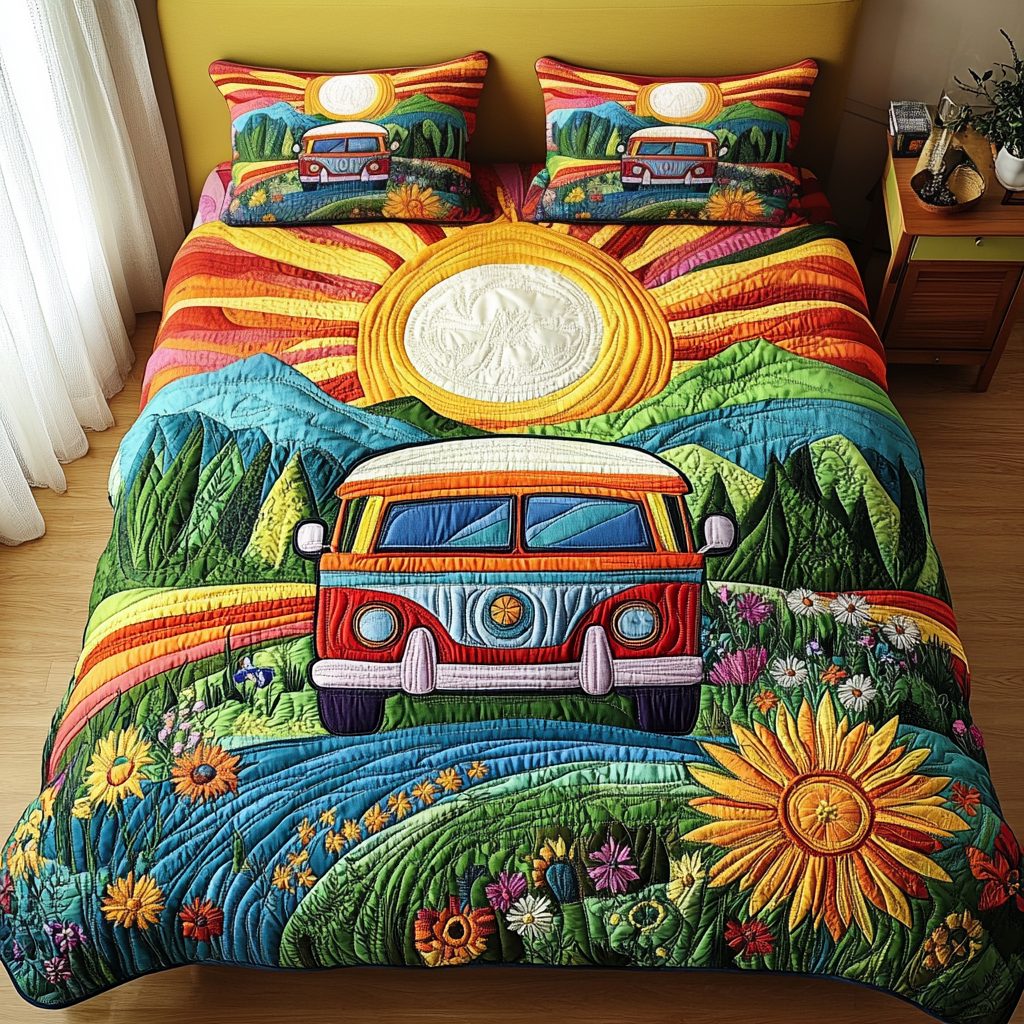 Adventure Awaits quilted 3-piece bedding set on a made bed in a winter-styled bedroom
