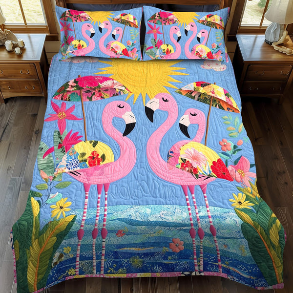Affectionate Flamingo quilted 3-piece bedding set on a made bed with two matching pillow shams
