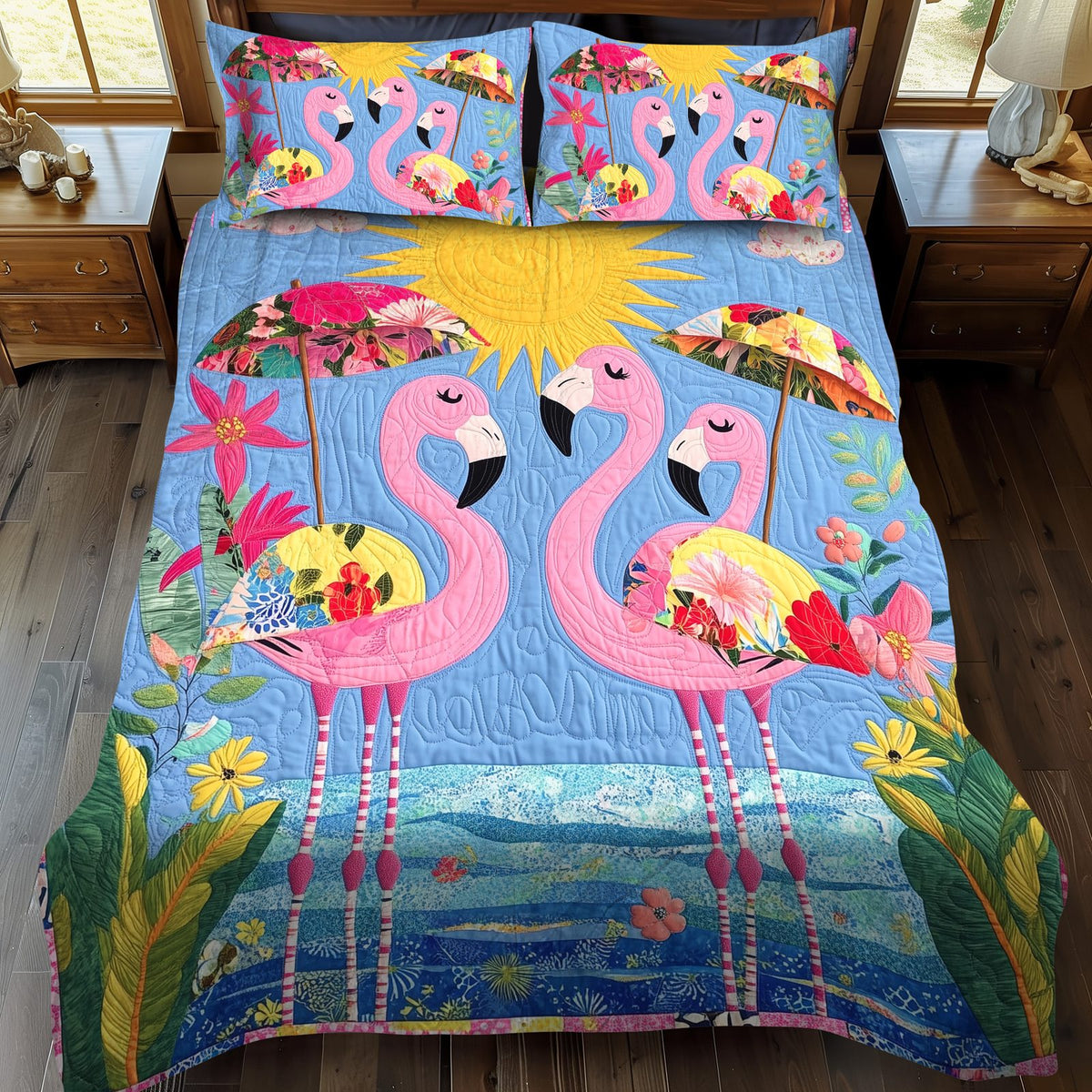 Affectionate Flamingo quilted 3-piece bedding set on a made bed with two matching pillow shams