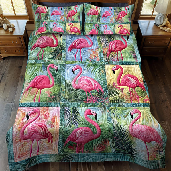 Affectionate Flamingo quilted 3-piece bedding set on a made bed with two matching pillow shams