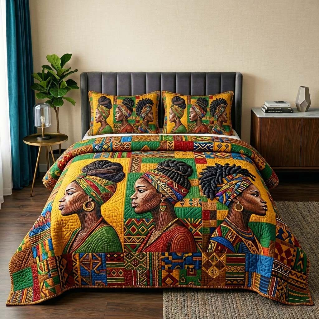 Africa Legacy quilted 3-piece bedding set on a made bed with two matching pillow shams