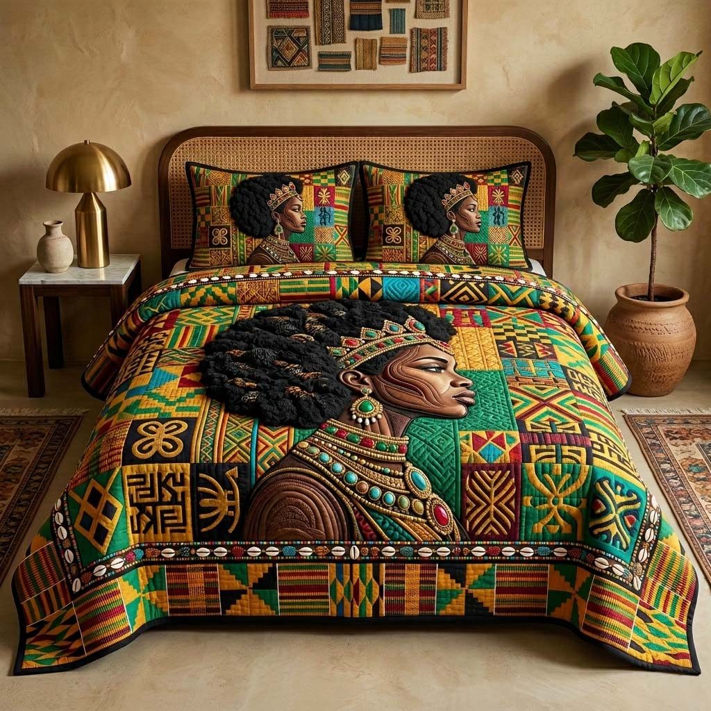 Africa Legacy quilted 3-piece bedding set on a made bed with two matching pillow shams