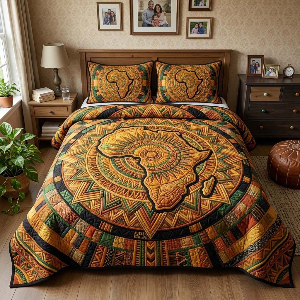 Africa Legacy quilted 3-piece bedding set on a made bed with two matching pillow shams