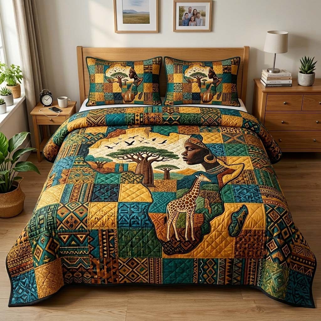 Africa Legacy quilted 3-piece bedding set on a made bed with two matching pillow shams