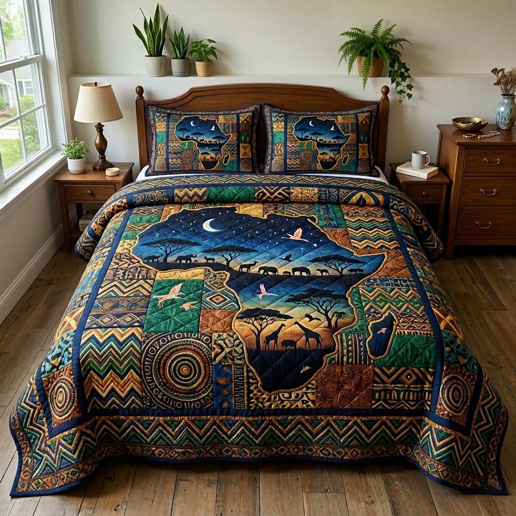Africa Legacy quilted 3-piece bedding set on a made bed with two matching pillow shams