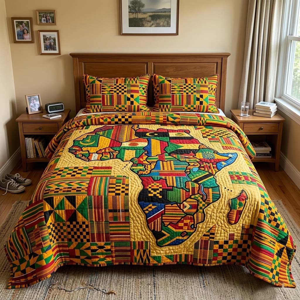 Africa Legacy quilted 3-piece bedding set on a made bed with two matching pillow shams