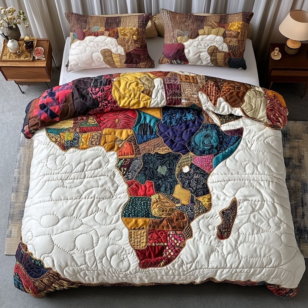 Africa Spirit quilted 3-piece bedding set on a made bed with two matching pillow shams