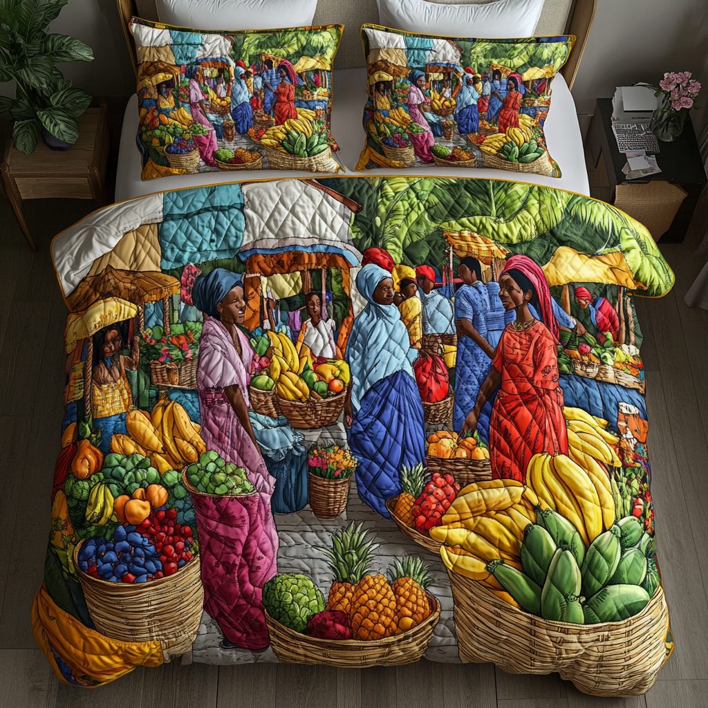African Bazaar quilted 3-piece bedding set on a made bed with two matching pillow shams