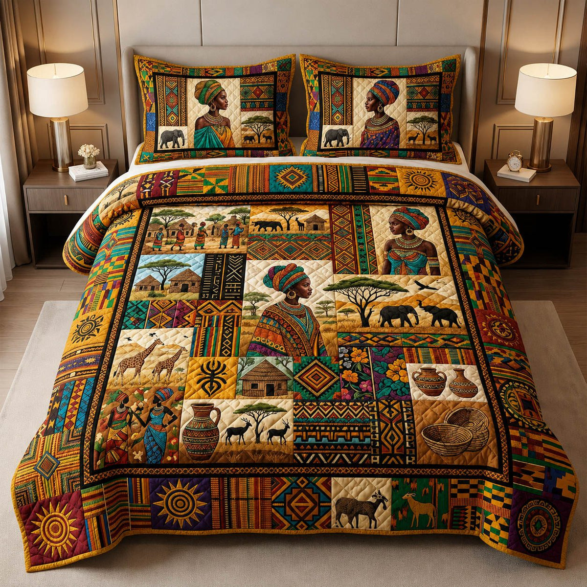 African Heritage quilted 3-piece bedding set on a made bed in a farmhouse bedroom