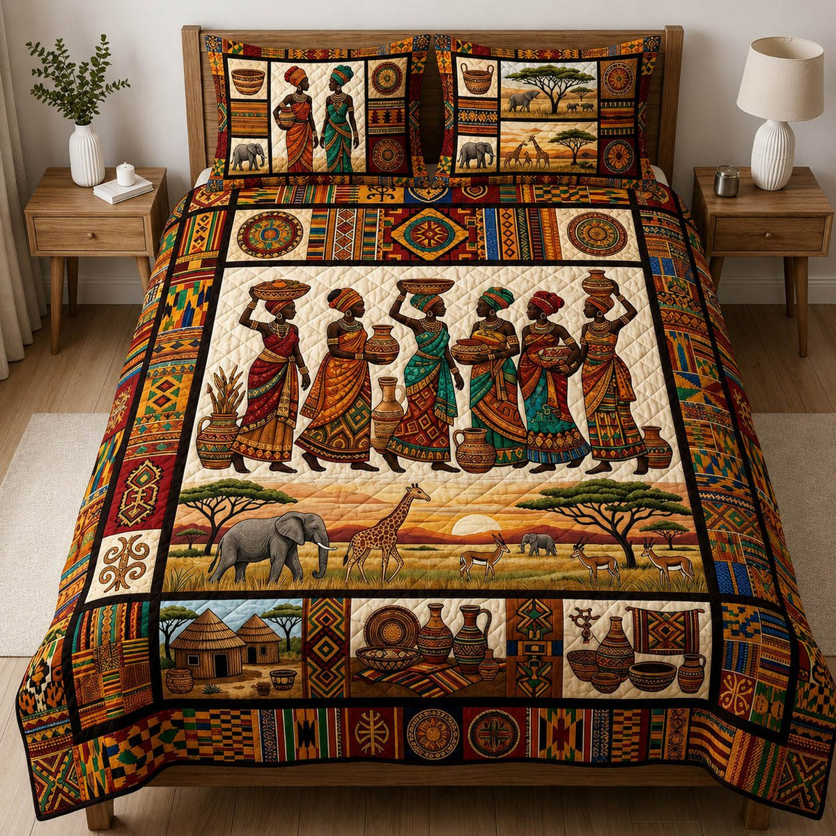 African Heritage quilted 3-piece bedding set on a made bed in a farmhouse bedroom