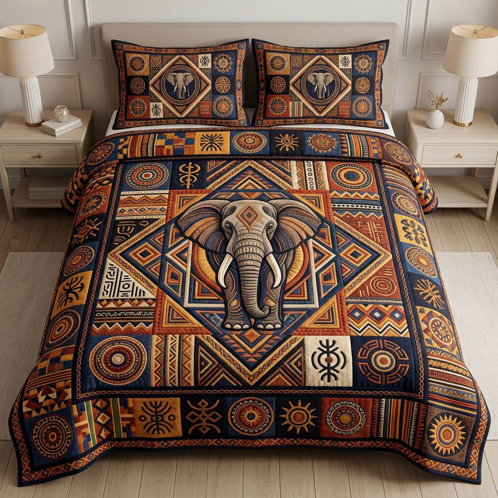 African Heritage quilted 3-piece bedding set on a made bed in a farmhouse bedroom
