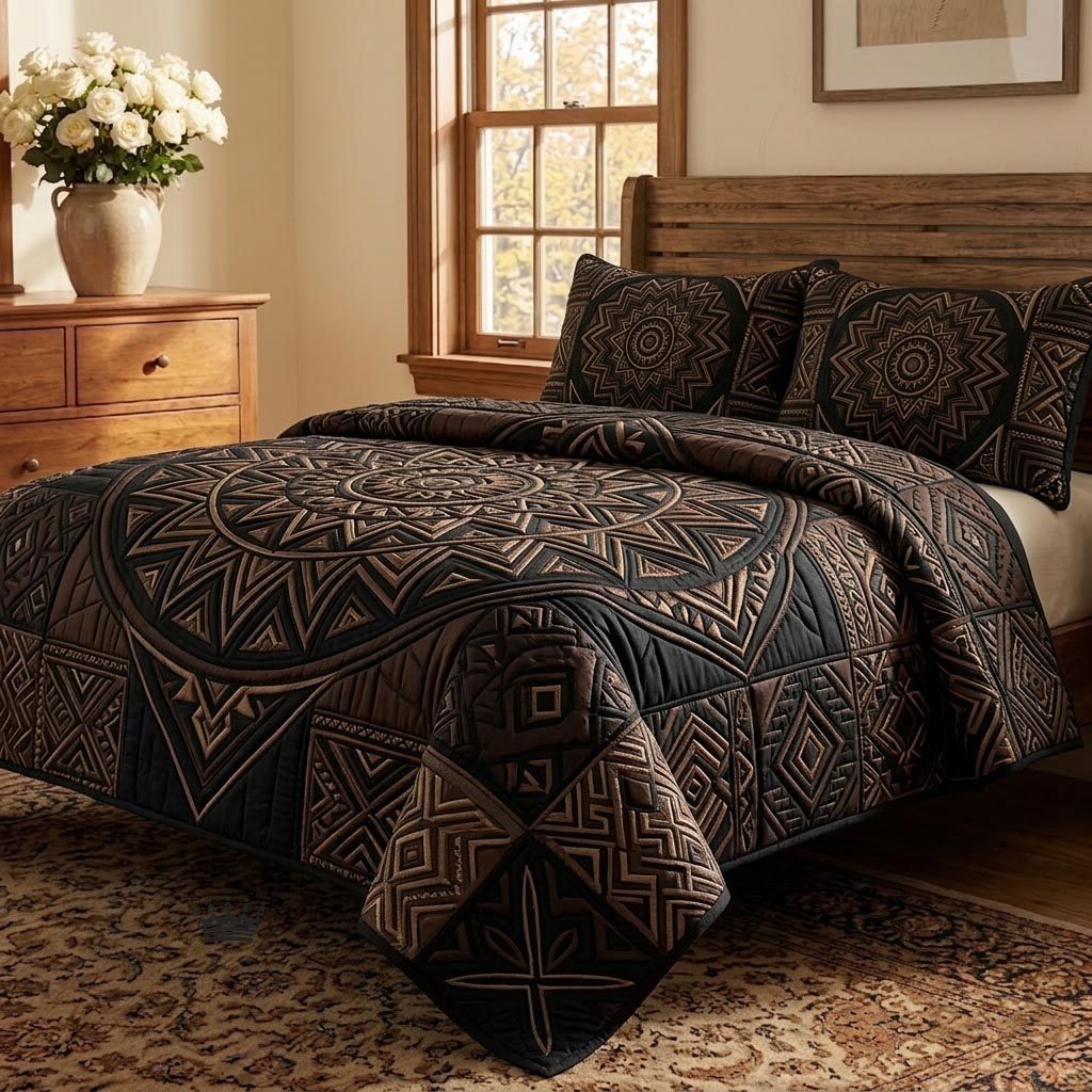 African Heritage quilted 3-piece bedding set on a made bed in a farmhouse bedroom