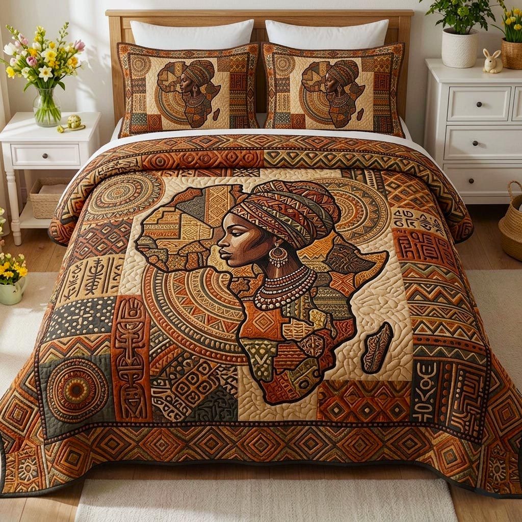 African Heritage quilted 3-piece bedding set on a made bed in a farmhouse bedroom