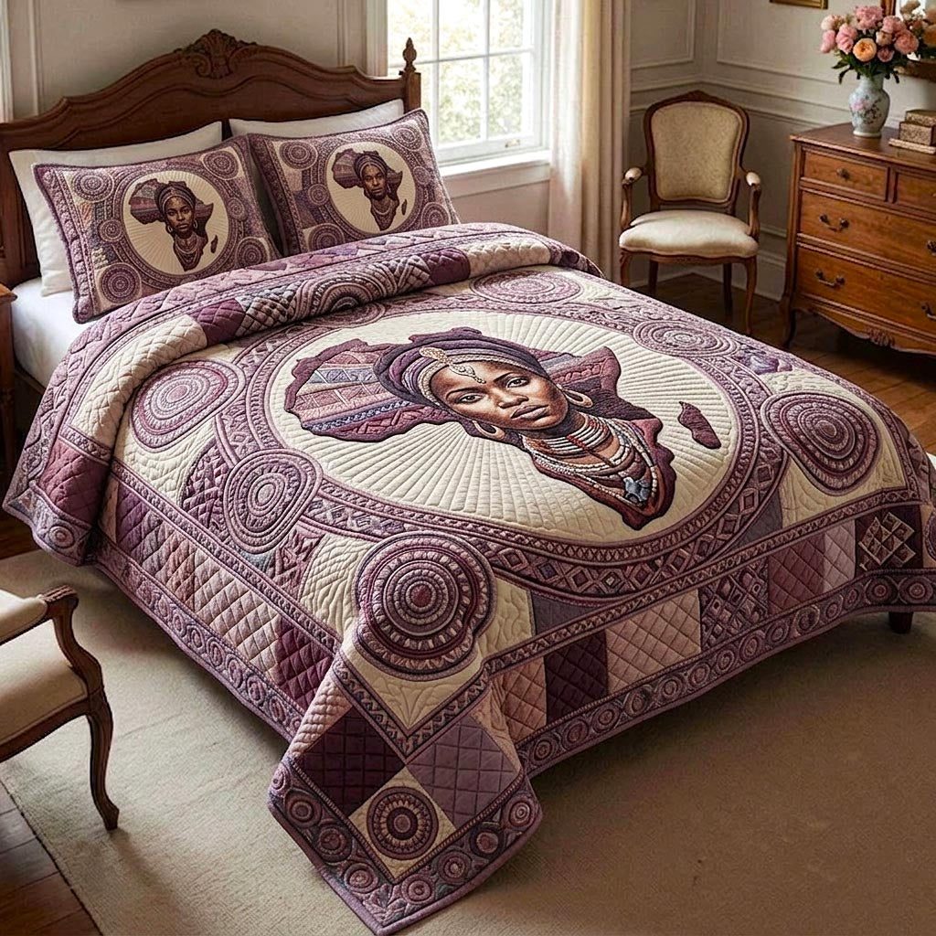 African Heritage quilted 3-piece bedding set on a made bed in a farmhouse bedroom