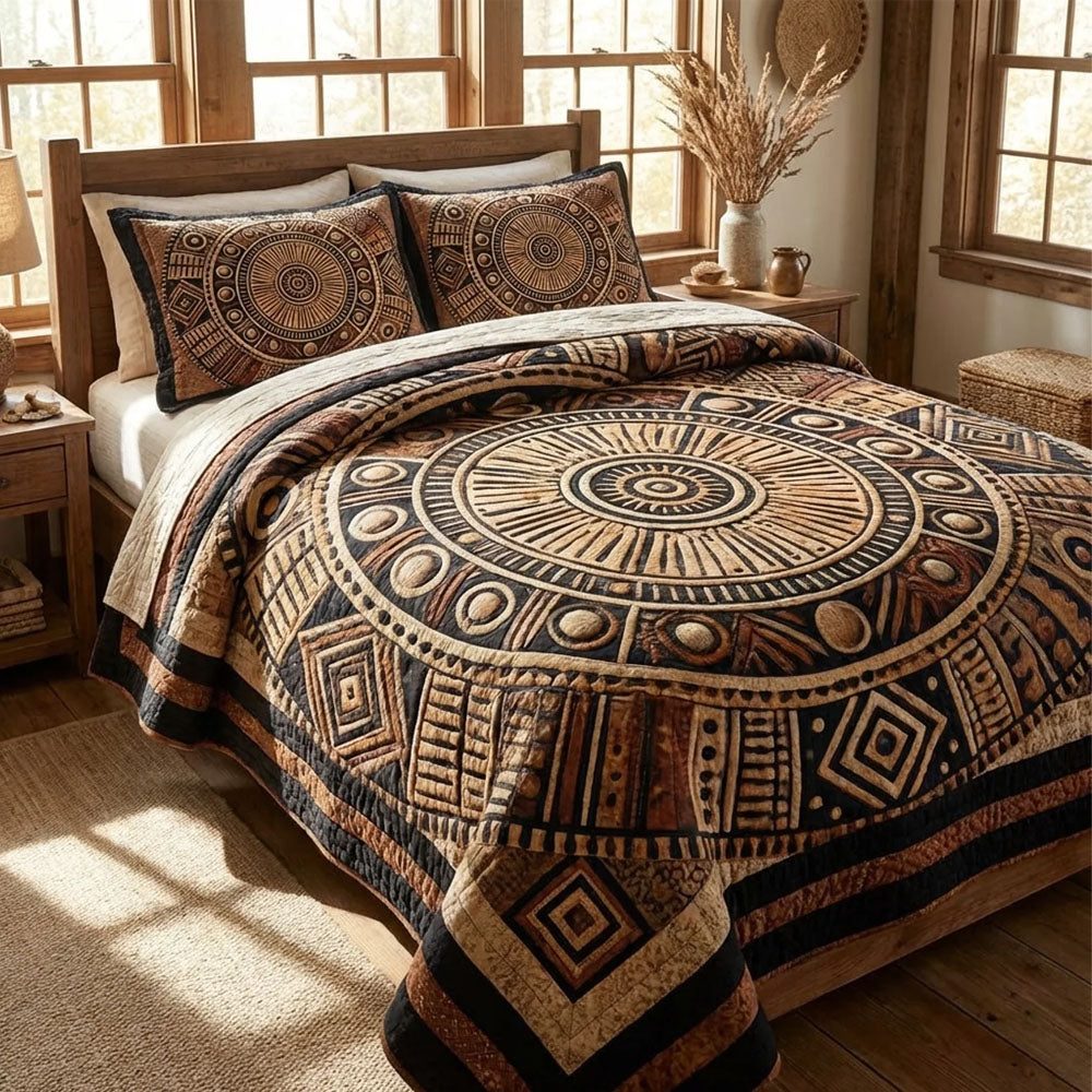 African Heritage quilted 3-piece bedding set on a made bed in a farmhouse bedroom