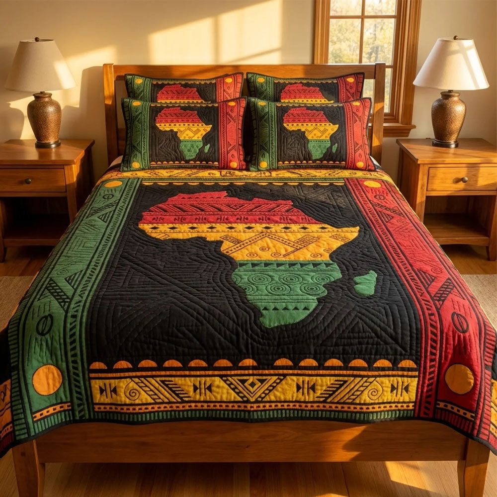 African Heritage quilted 3-piece bedding set on a made bed in a farmhouse bedroom