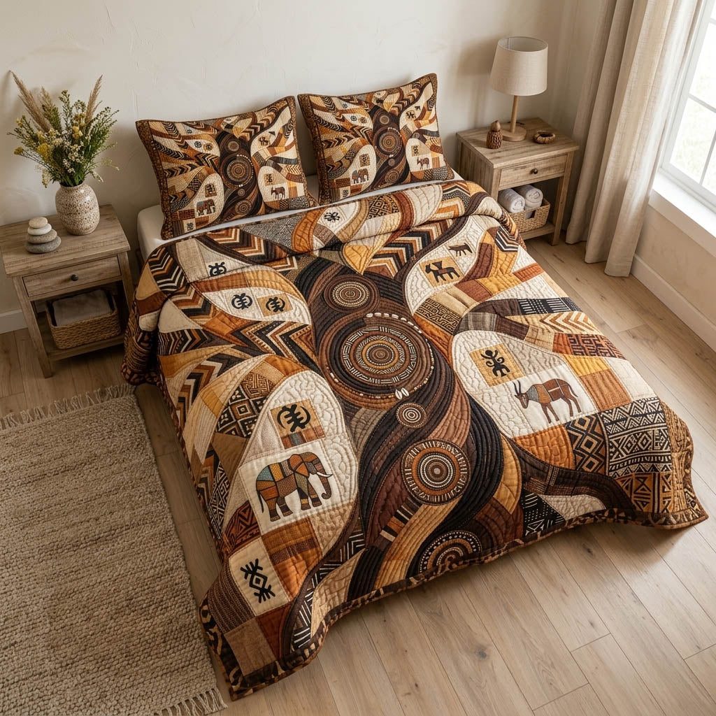 African Heritage quilted 3-piece bedding set on a made bed in a farmhouse bedroom