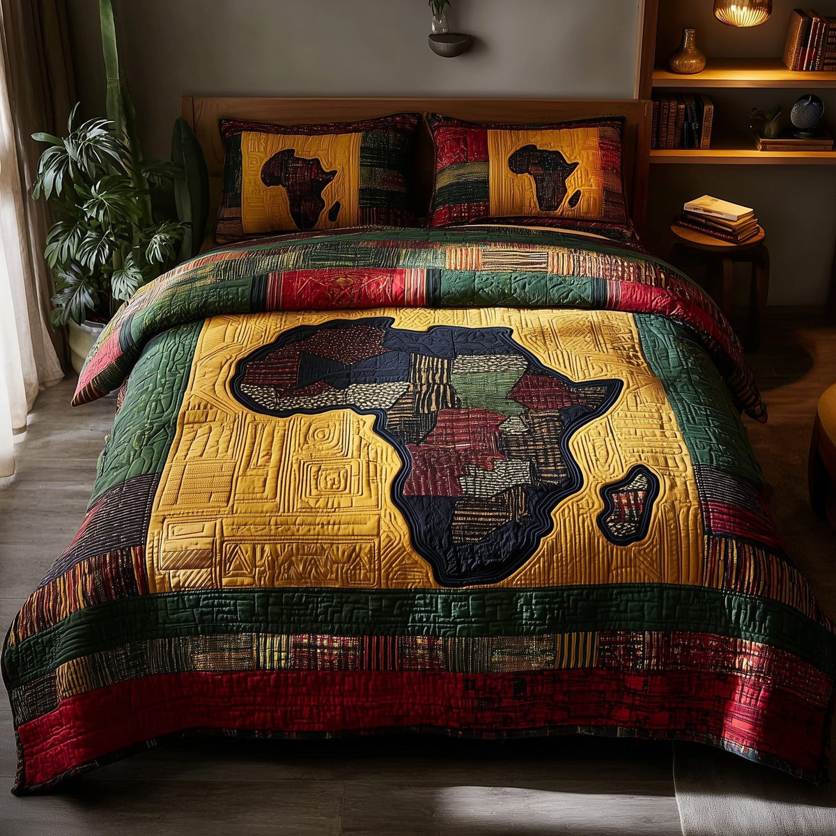 African Heritage quilted 3-piece bedding set on a made bed in a farmhouse bedroom
