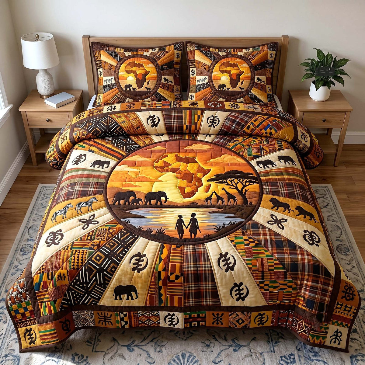 African Roots quilted 3-piece bedding set on a made bed with two matching pillow shams