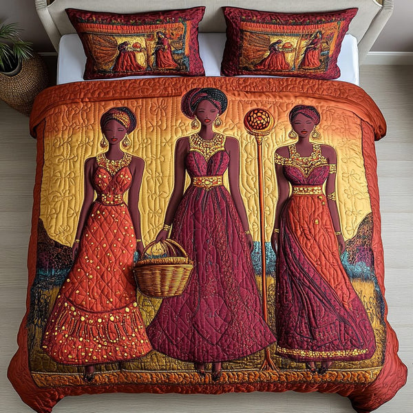Afro Glow quilted 3-piece bedding set on a made bed with two matching pillow shams