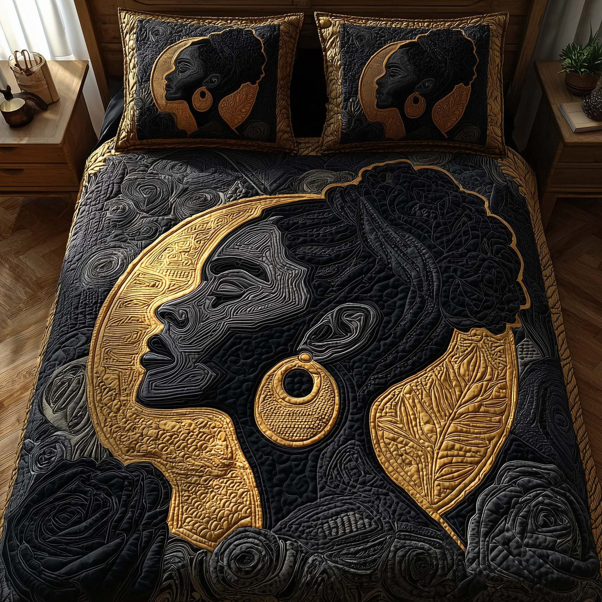 Afro Soul quilted 3-piece bedding set on a made bed with two matching pillow shams