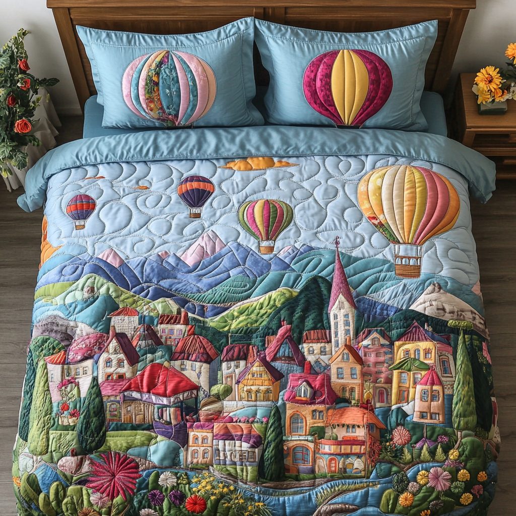 Airy Retreat quilted 3-piece bedding set on a made bed with two matching pillow shams
