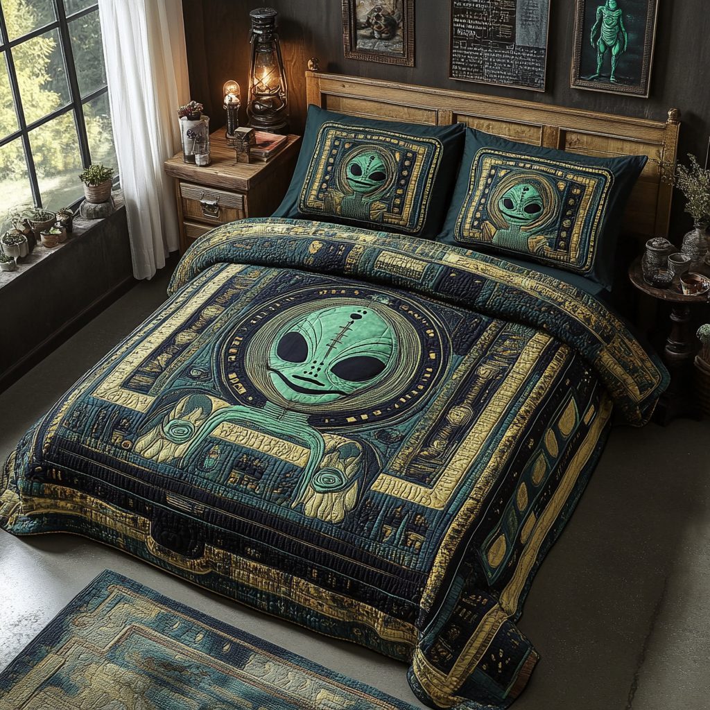 Alien quilted 3-piece bedding set on a made bed with two matching pillow shams