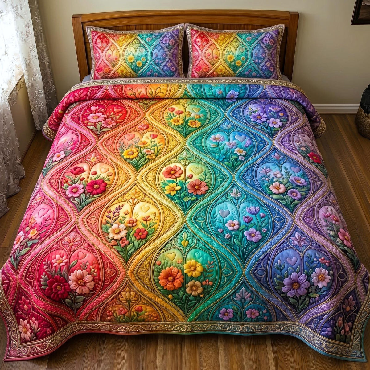All Love Belongs quilted 3-piece bedding set on a made bed with two matching pillow shams