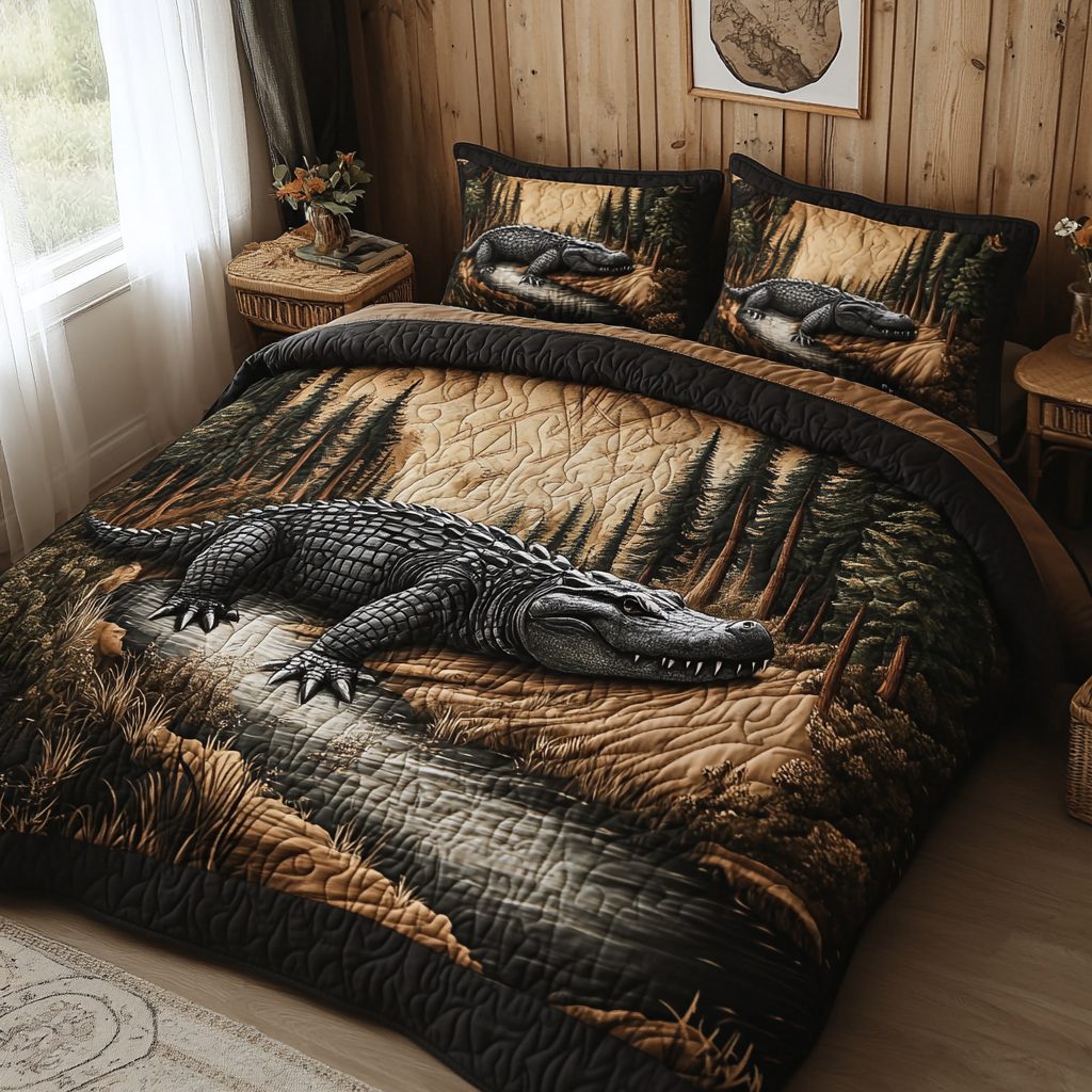 Alligator Charm quilted 3-piece bedding set on a made bed with two matching pillow shams