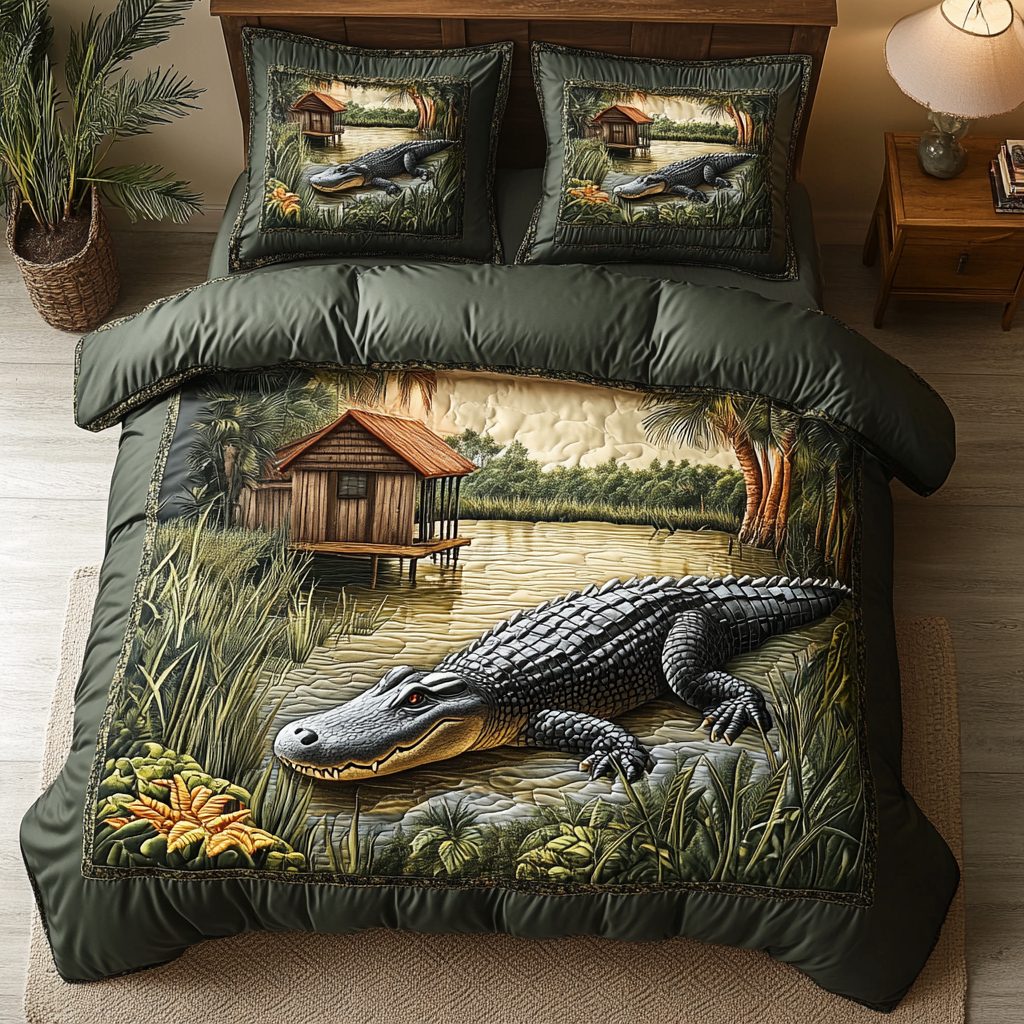 Alligator Night quilted 3-piece bedding set on a made bed with two matching pillow shams
