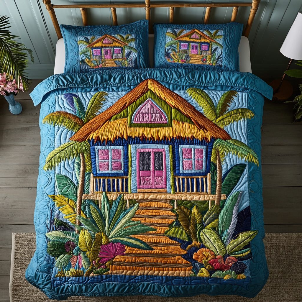 Aloha Home quilted 3-piece bedding set on a made bed with two matching pillow shams