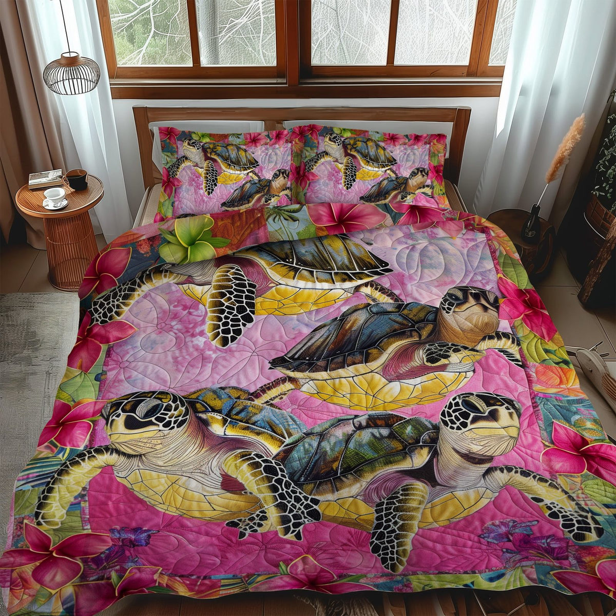 Aloha Turtle Dreams quilted 3-piece bedding set on a made bed in a light coastal bedroom