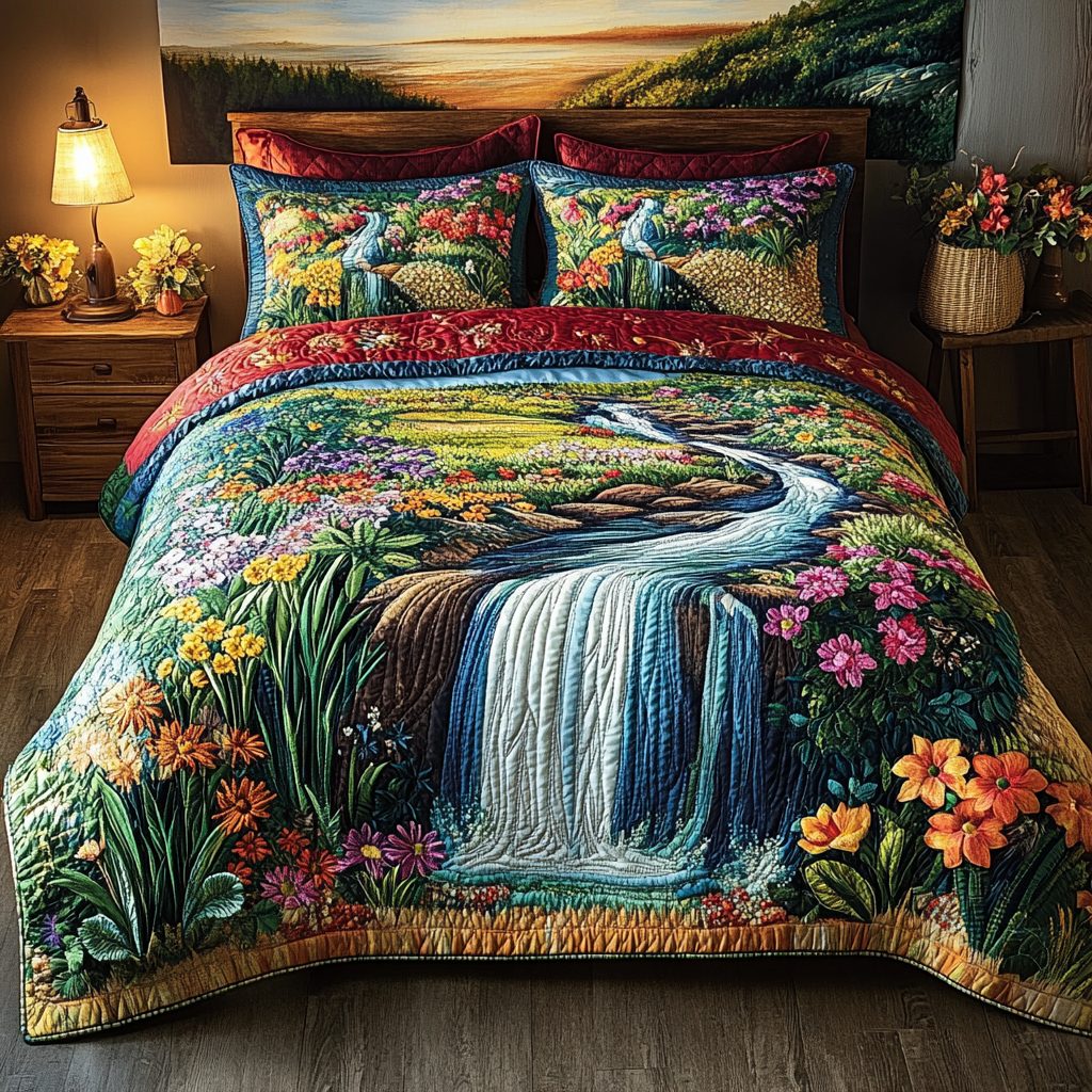 Aloha Waters quilted 3-piece bedding set on a made bed with two matching pillow shams