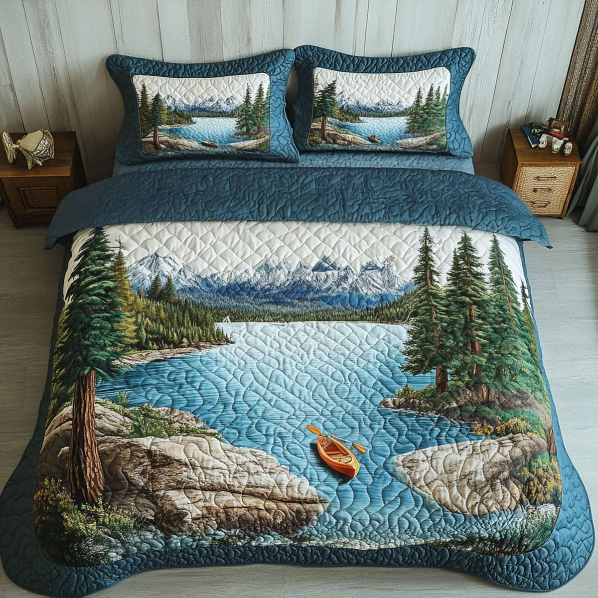 Alpine Drift quilted 3-piece bedding set on a made bed with two matching pillow shams