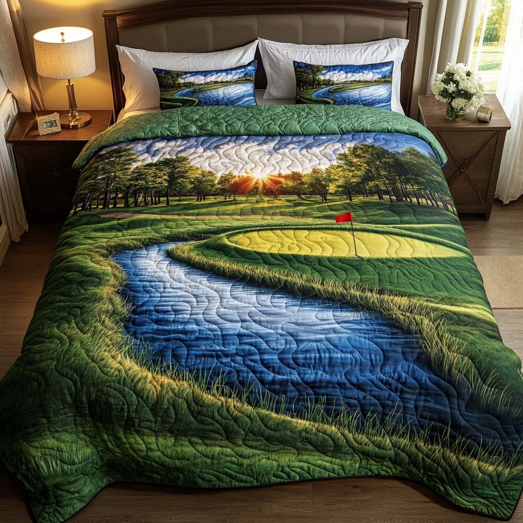 Alpine Golf Course quilted 3-piece bedding set on a made bed with two matching pillow shams