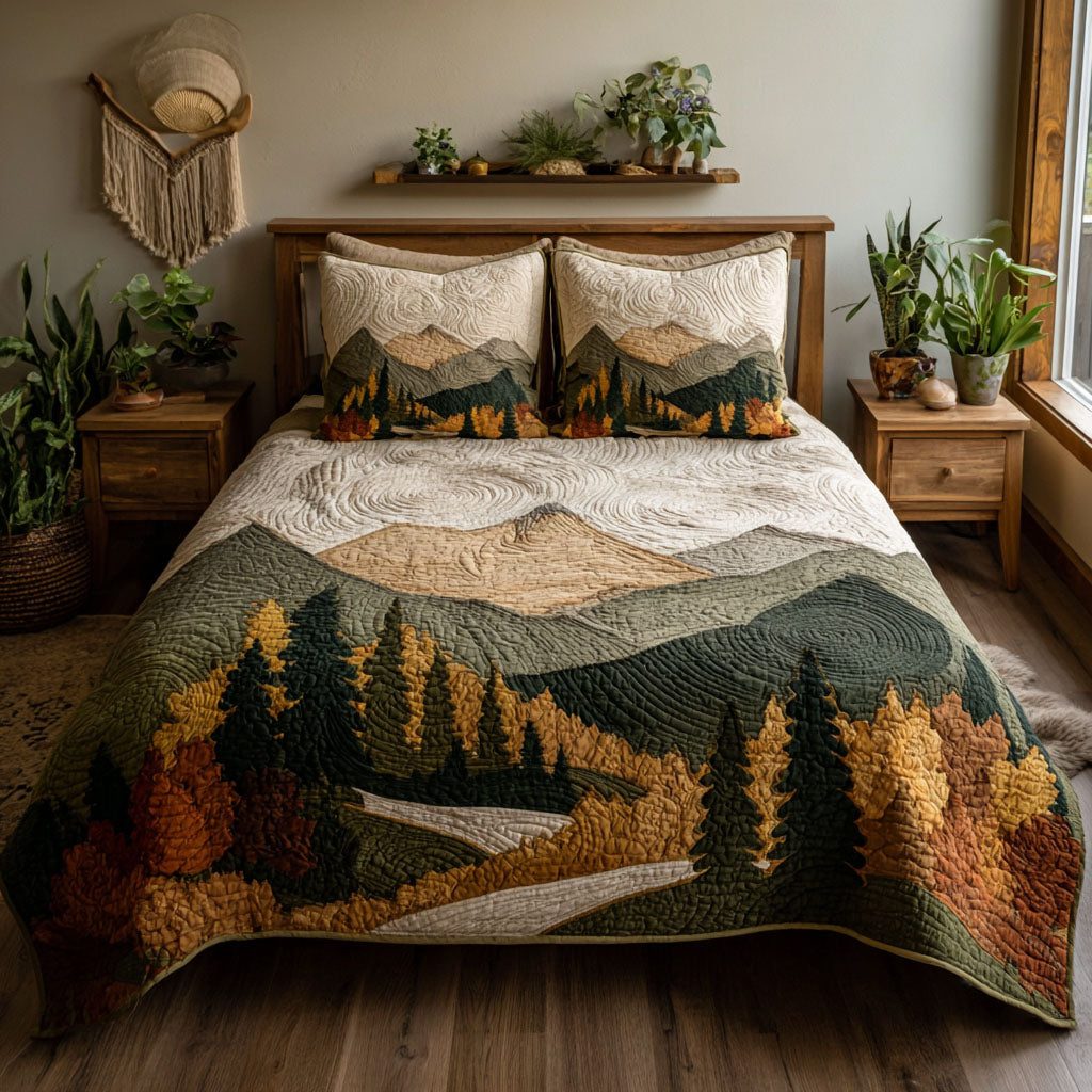 Alpine Rise quilted 3-piece bedding set on a made bed with two matching pillow shams