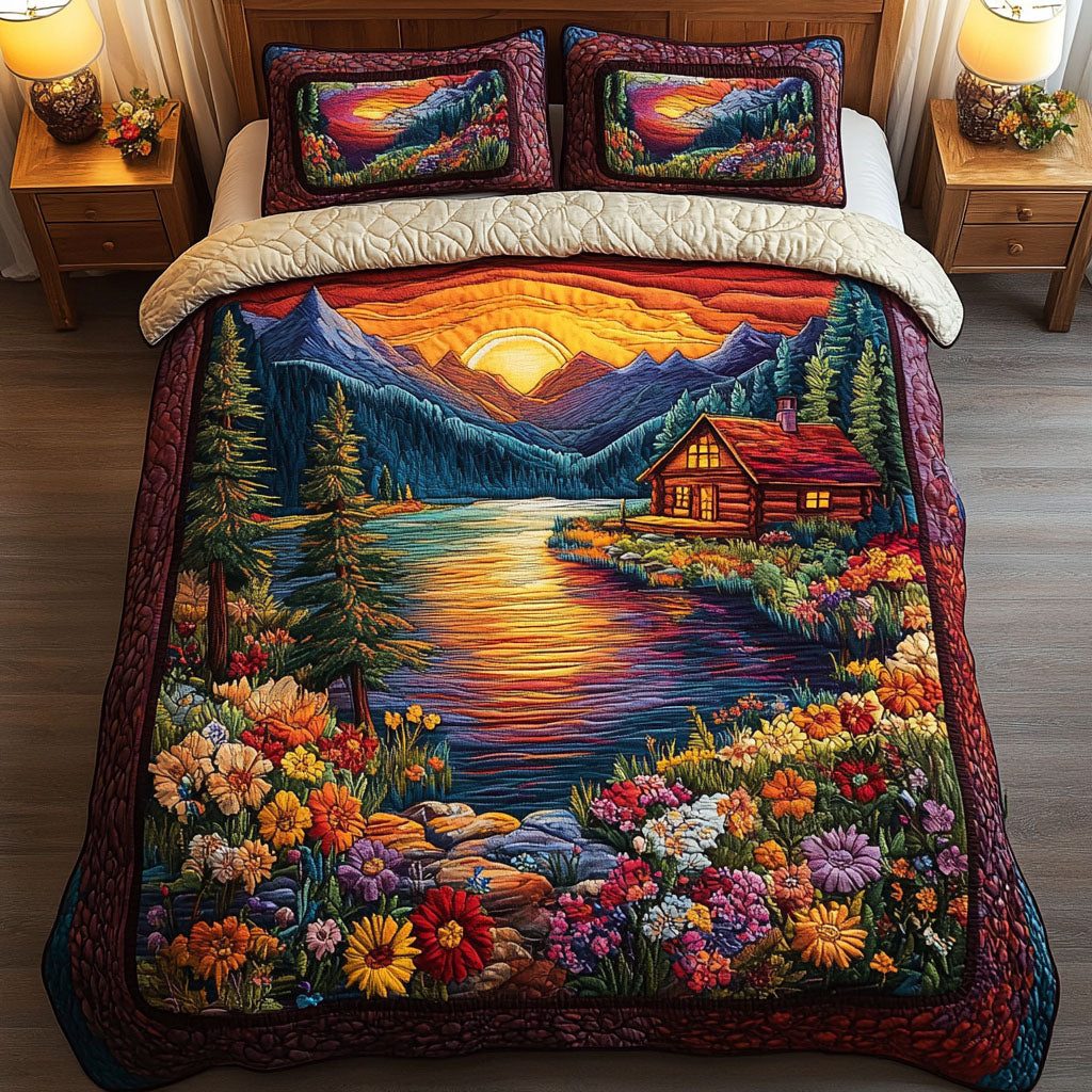Alpine Serenity quilted 3-piece bedding set on a made bed with two matching pillow shams