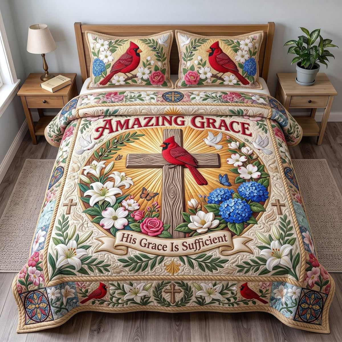 Amazing Grace quilted 3-piece bedding set on a made bed with two matching pillow shams