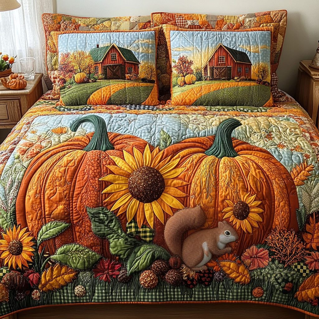 Amber Acres quilted 3-piece bedding set on a made bed with two matching pillow shams