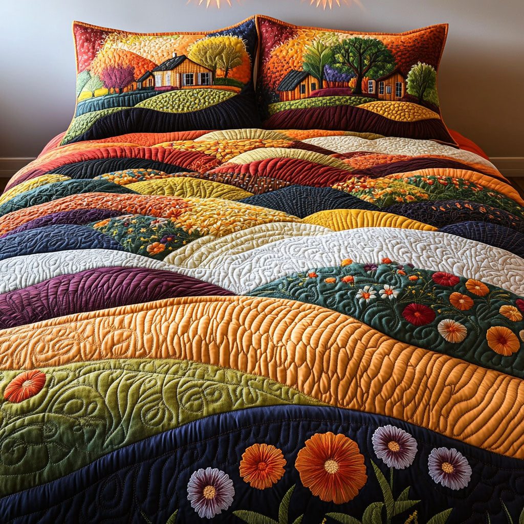 Amber Fields quilted 3-piece bedding set on a made bed with two matching pillow shams