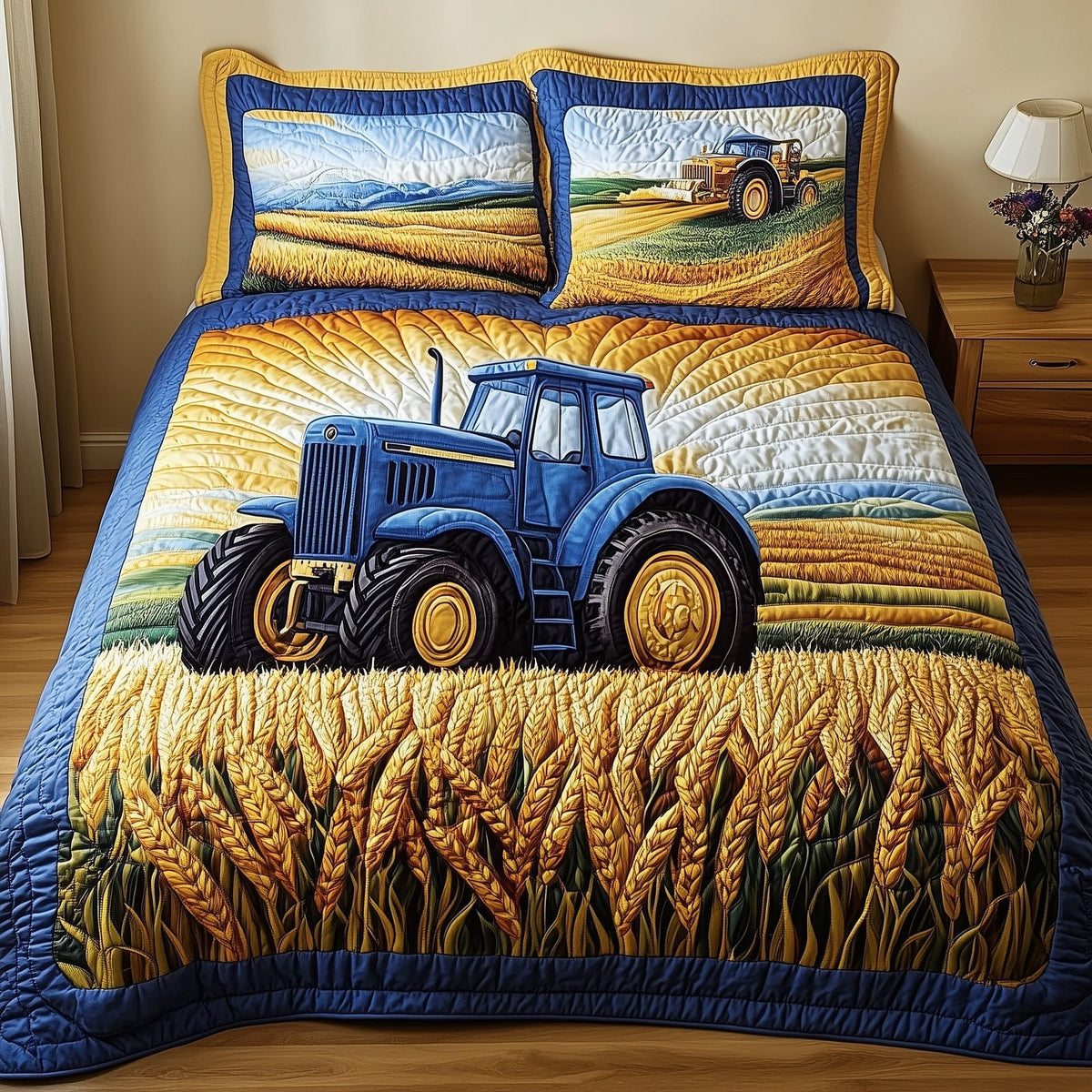 Amber Fields Tractor quilted 3-piece bedding set on a made bed with two matching pillow shams