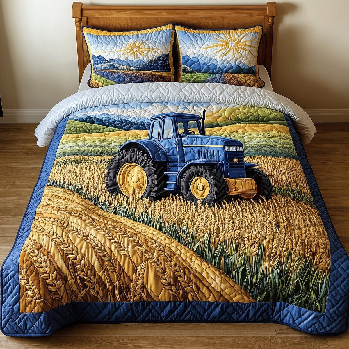 Amber Fields Tractor quilted 3-piece bedding set on a made bed with two matching pillow shams