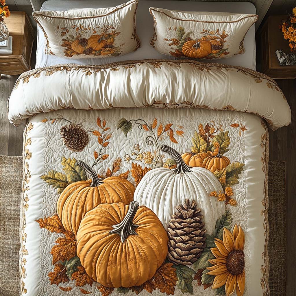 Amber Harvest Days quilted 3-piece bedding set on a made bed with two matching pillow shams