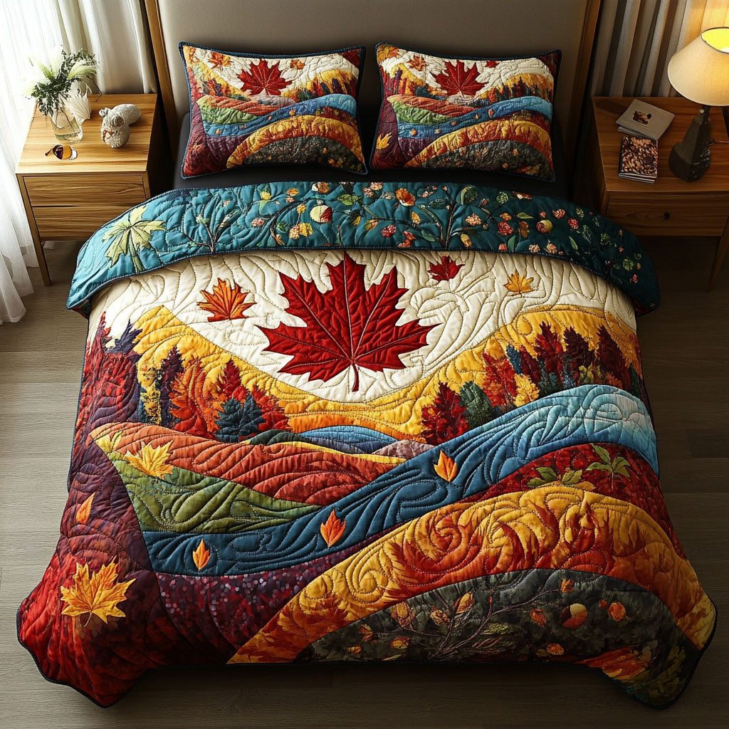 Amber Meadows quilted 3-piece bedding set on a made bed with two matching pillow shams