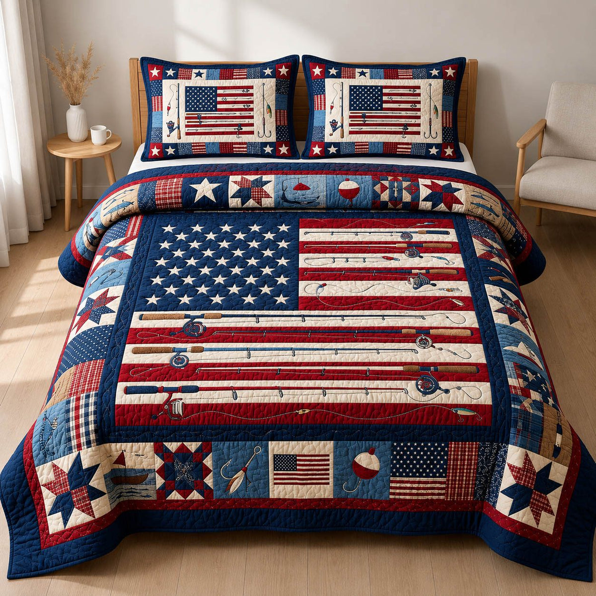 America Fishing Rode quilted 3-piece bedding set on a made bed in a warmly lit bedroom
