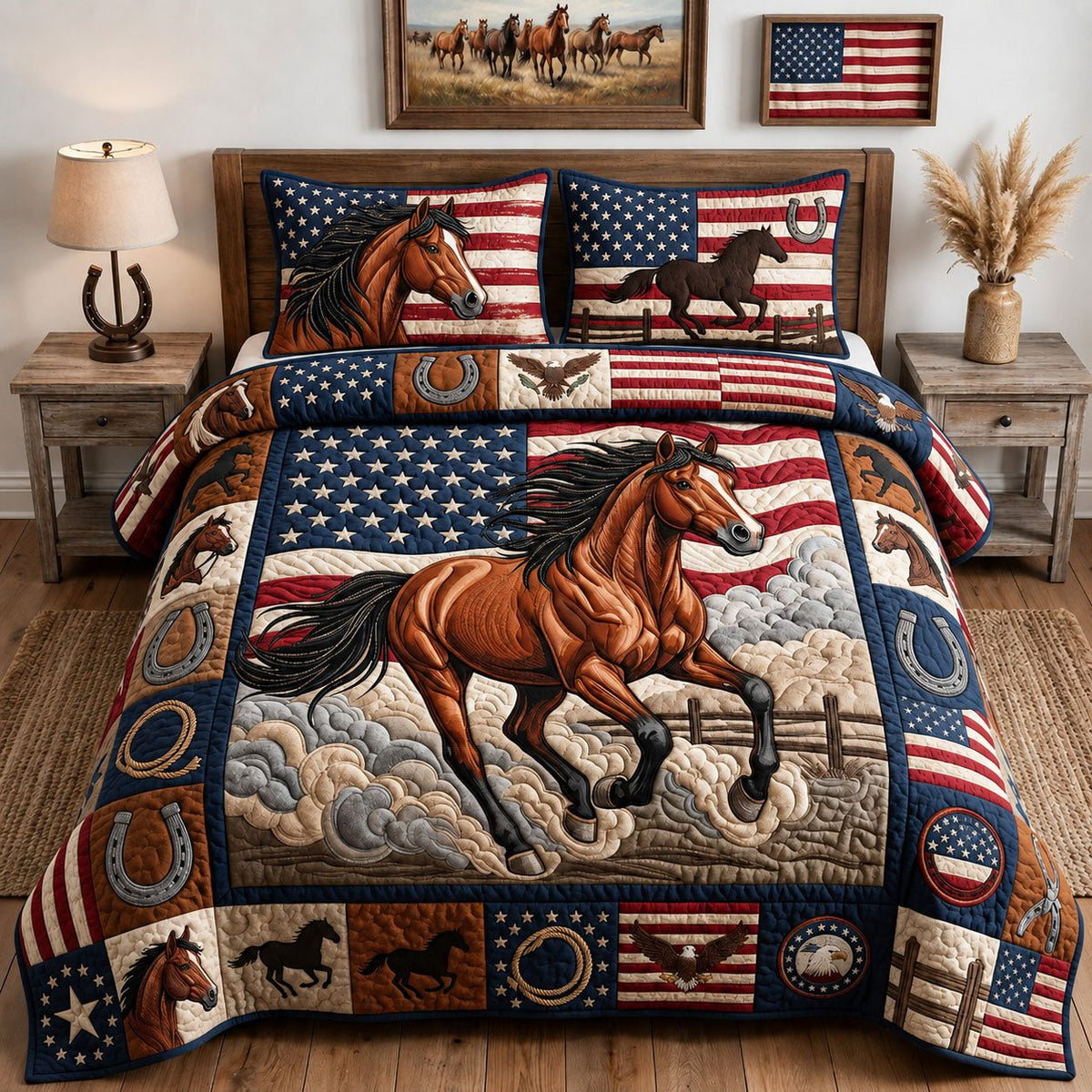 America Horse quilted 3-piece bedding set on a made bed in a warmly lit bedroom