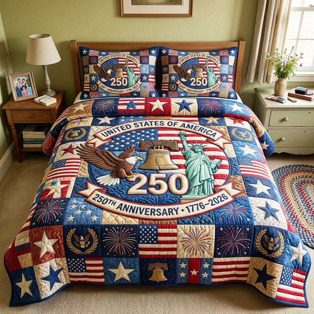 America Map quilted 3-piece bedding set on a made bed in a warmly lit bedroom