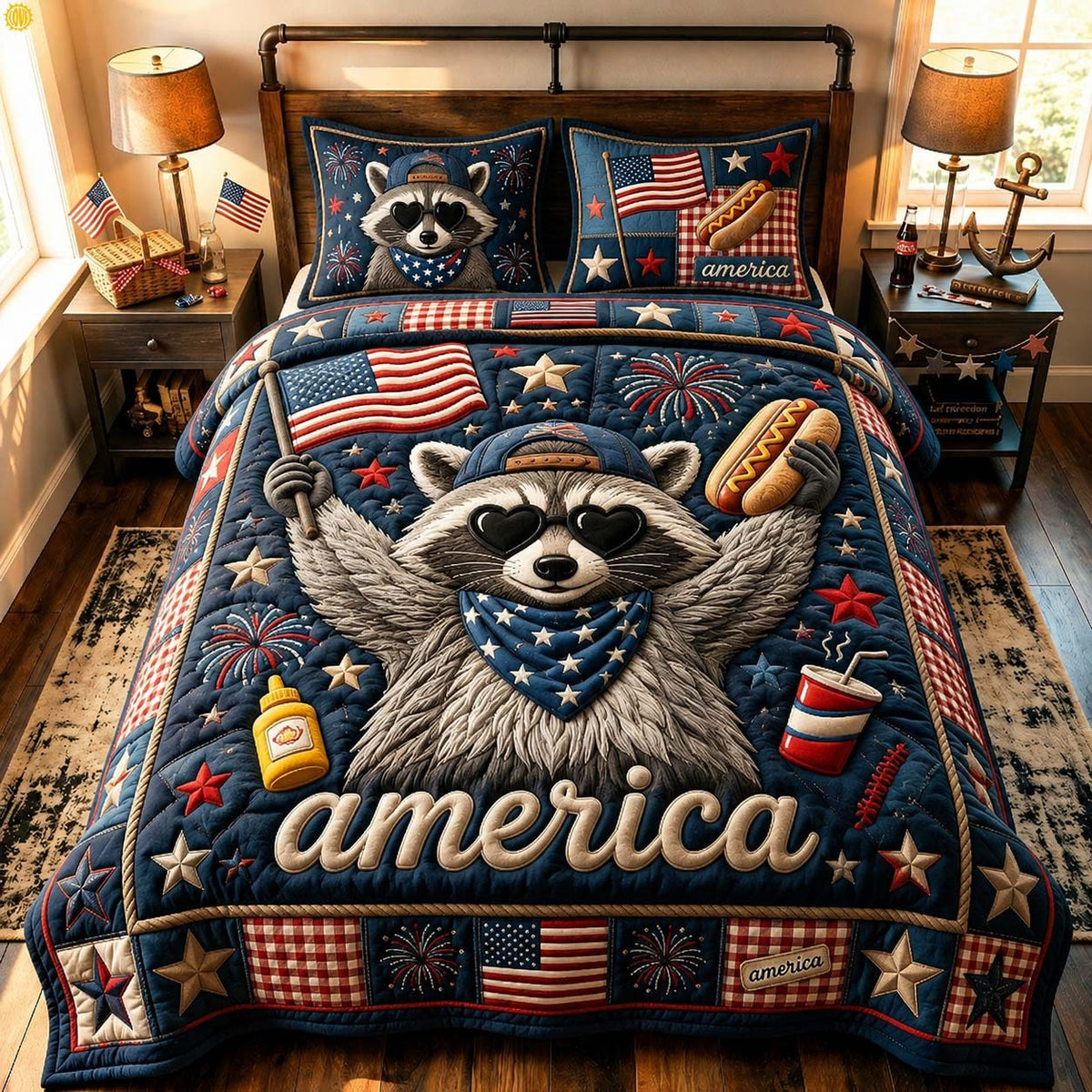 America Raccoon Party quilted 3-piece bedding set on a made bed in a warmly lit bedroom