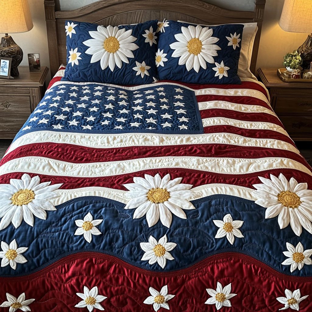 American Blooms quilted 3-piece bedding set on a made bed in a warmly lit bedroom